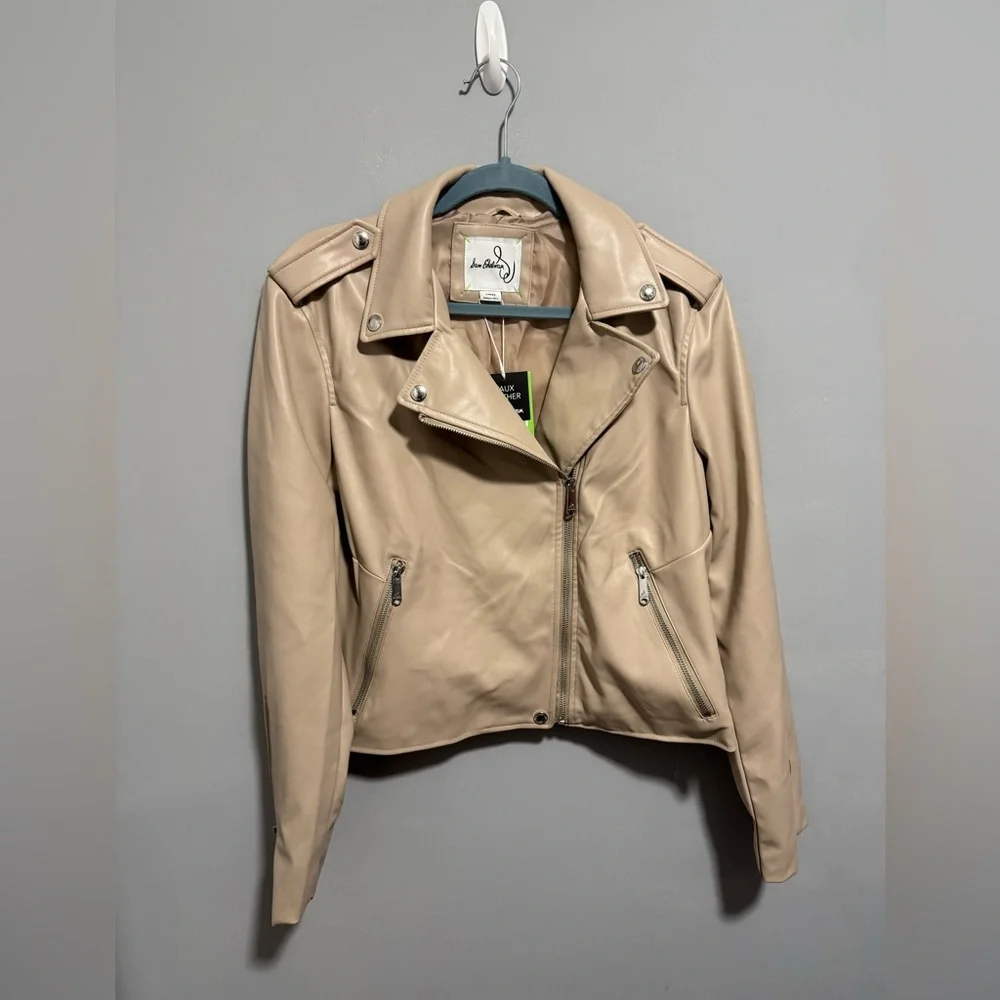 NWT-Sam Edelman Tan Faux Leather Moto Jacket. Size L